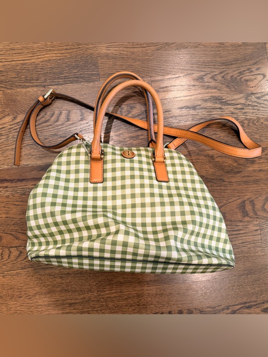 Tory Burch Handbags - Tory Burch Kerrington Gingham Plaid Dome Tote Leaf Green VGUC